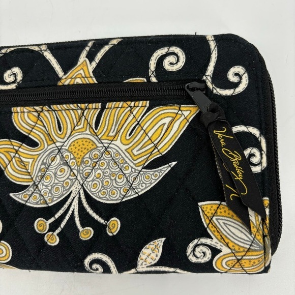 Vera Bradley Zip Around Wallet Wristlet Quilted Black Yellow Brid Floral 8 Inch - Picture 2 of 8